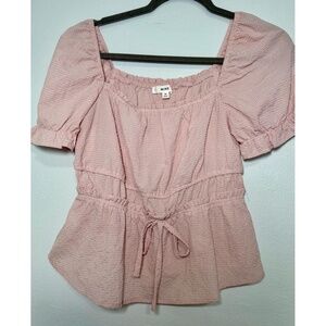 MINE Blouse Womens Size M Pink Peplum Puff Sleeve Square Neck Feminine Trendy